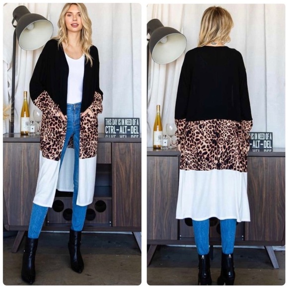 💼 Leopard / Animal Print Open Cardigan w/ Color Block - Picture 3 of 4
